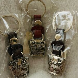 Silver Handbag basket Keychain with Red, Brown and Black leather set of 3.